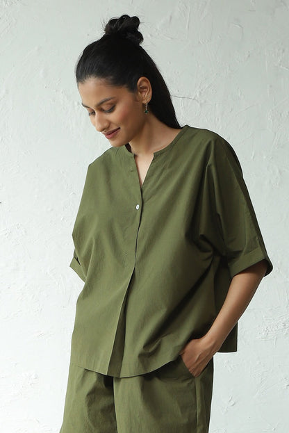 Green Cotton Shirt With Box Pleate Short Set by Canoopi with Canoopi, Casual Wear, Complete Sets, Green, Natural, Poplin, Regular Fit, Solids, Vacation Co-ords, Womenswear at Kamakhyaa for sustainable fashion