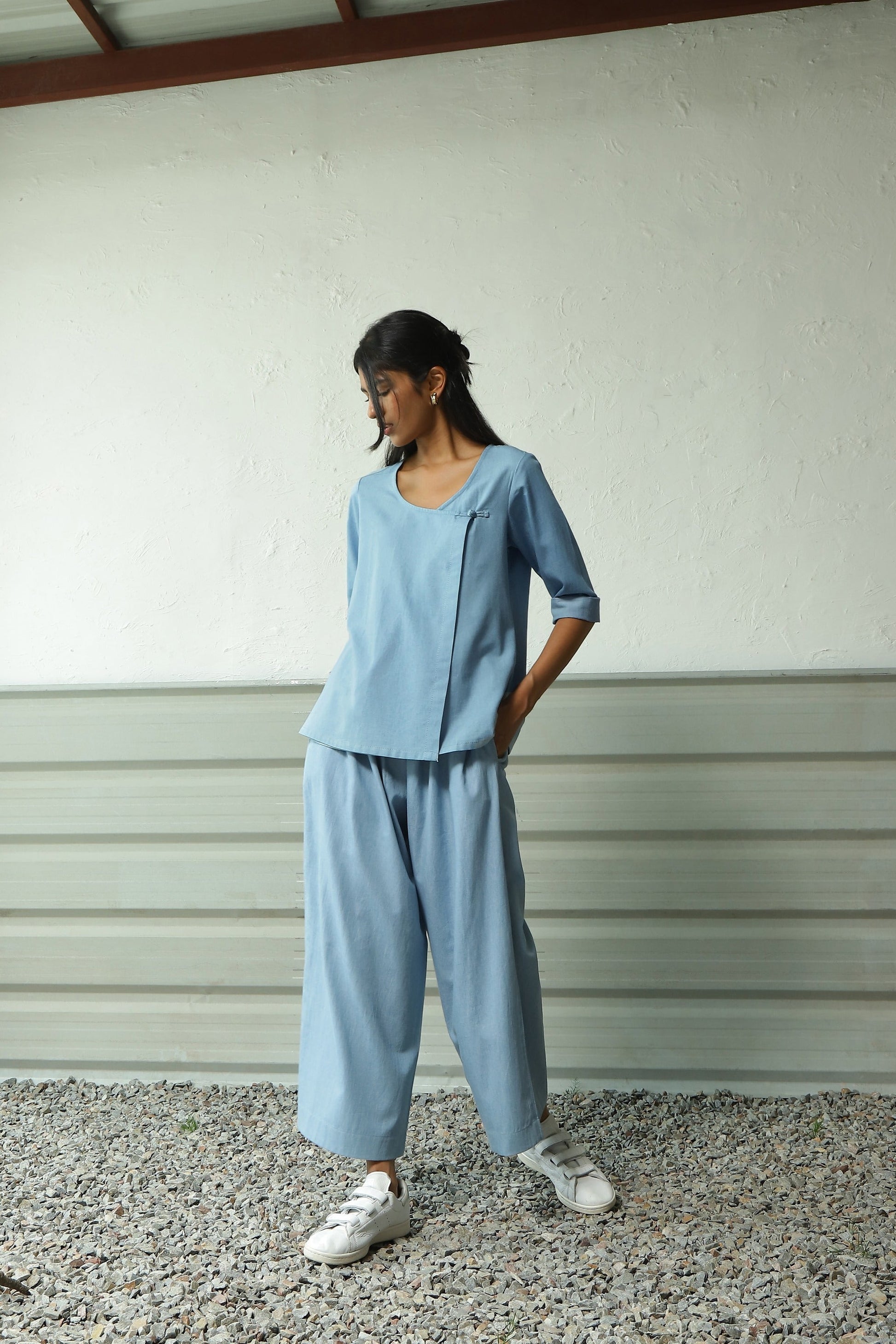 Blue Cotton Overlap Top Pant Set by Canoopi with Black, Blue, Canoopi, Casual Wear, Complete Sets, Cotton, Natural, Poplin, Regular Fit, Solids, Vacation Co-ords, Womenswear at Kamakhyaa for sustainable fashion
