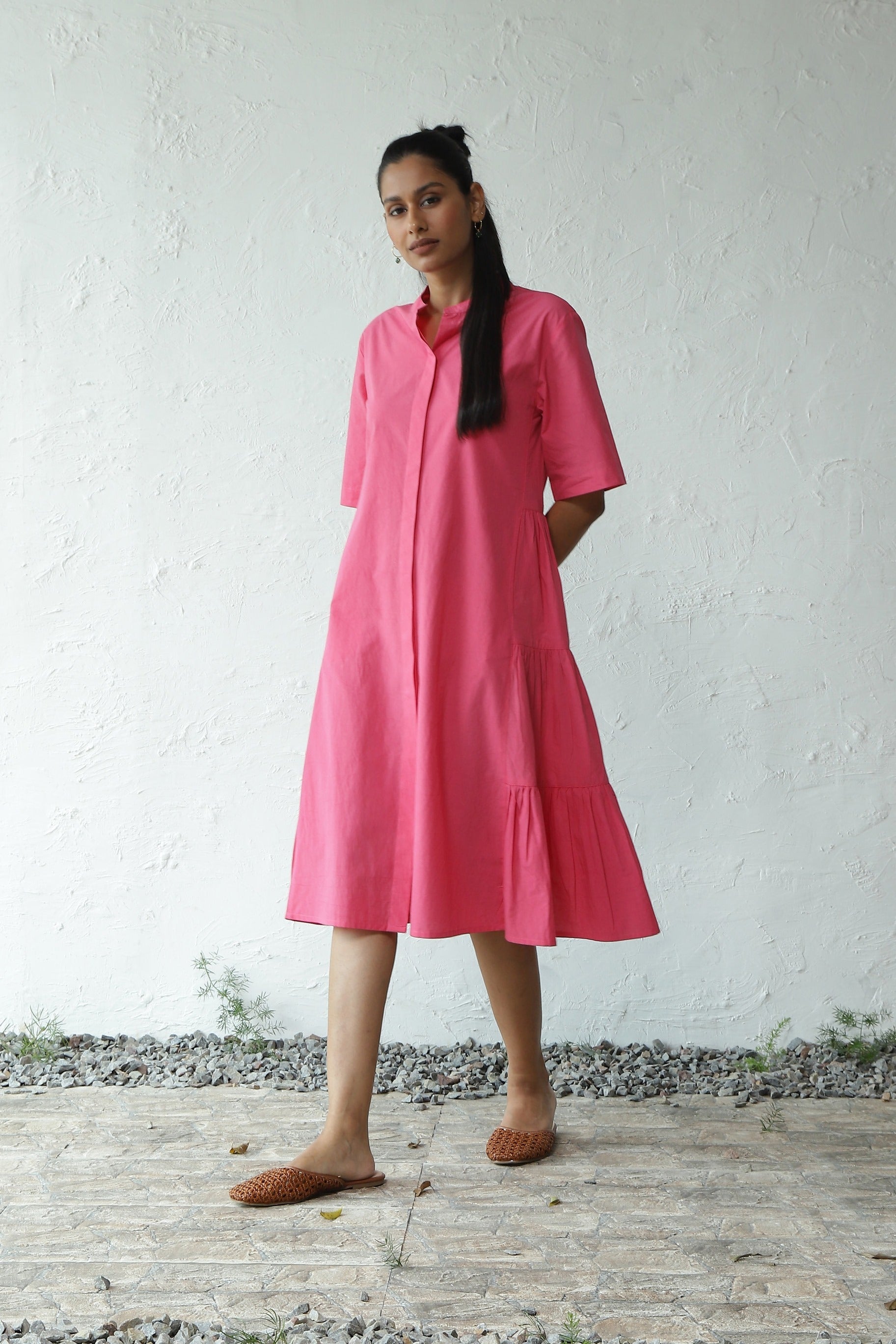 Pink Cotton Poplin Gathered Mini Dress by Canoopi with Canoopi, Casual Wear, Dresses, Natural, Pink, Poplin, Regular Fit, Shirt Dresses, Solids, Womenswear at Kamakhyaa for sustainable fashion