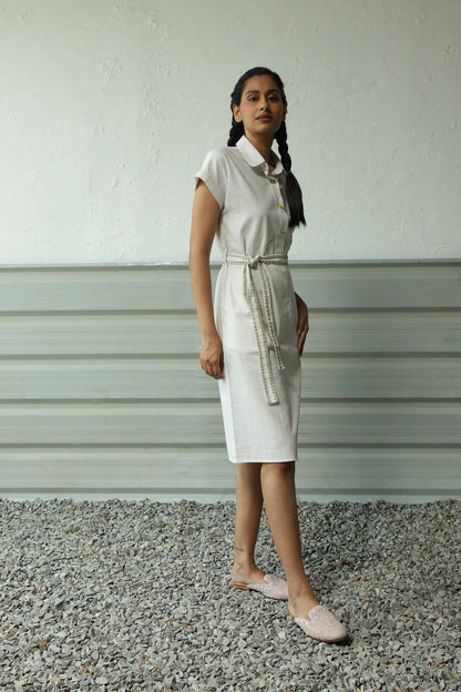 White Khadi Cotton Dress With Belt by Canoopi with Canoopi, Casual Wear, Dresses, Khadi, Natural, Regular Fit, Shirt Dresses, Solids, White, Womenswear at Kamakhyaa for sustainable fashion