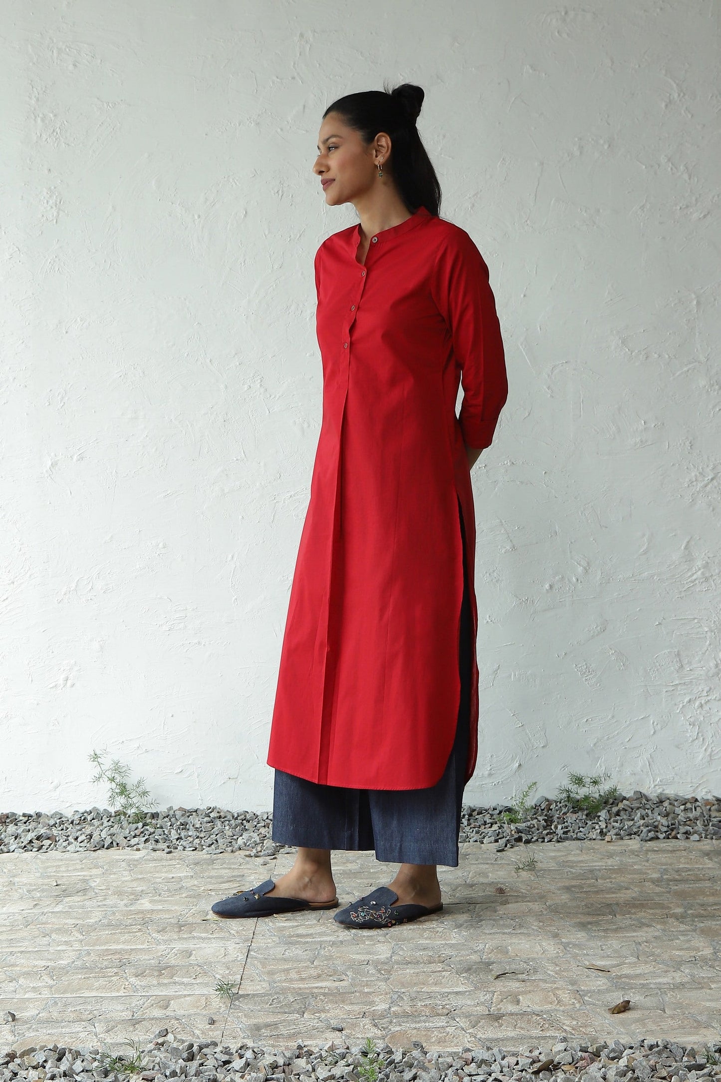Red Cotton Long Kurta Palazzo Set by Canoopi with Blue, Canoopi, Casual Wear, Cotton, Denim, Indian Wear, Kurta Pant Sets, Natural, Red, Regular Fit, Solids, Womenswear at Kamakhyaa for sustainable fashion