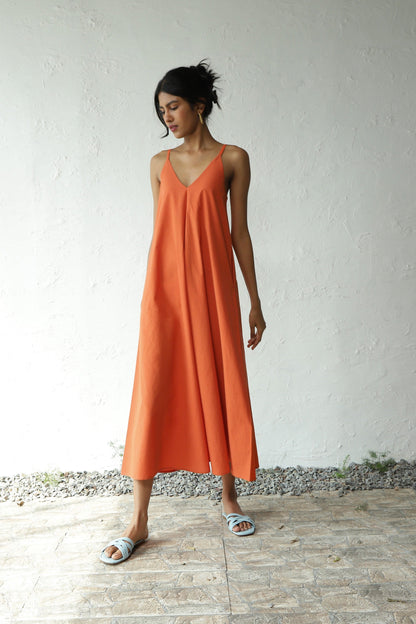 Orange Sleeveless Cotton Maxi Dress by Canoopi with Canoopi, Casual Wear, Dresses, Natural, Orange, Poplin, Regular Fit, Sleeveless Dresses, Solids, Womenswear at Kamakhyaa for sustainable fashion