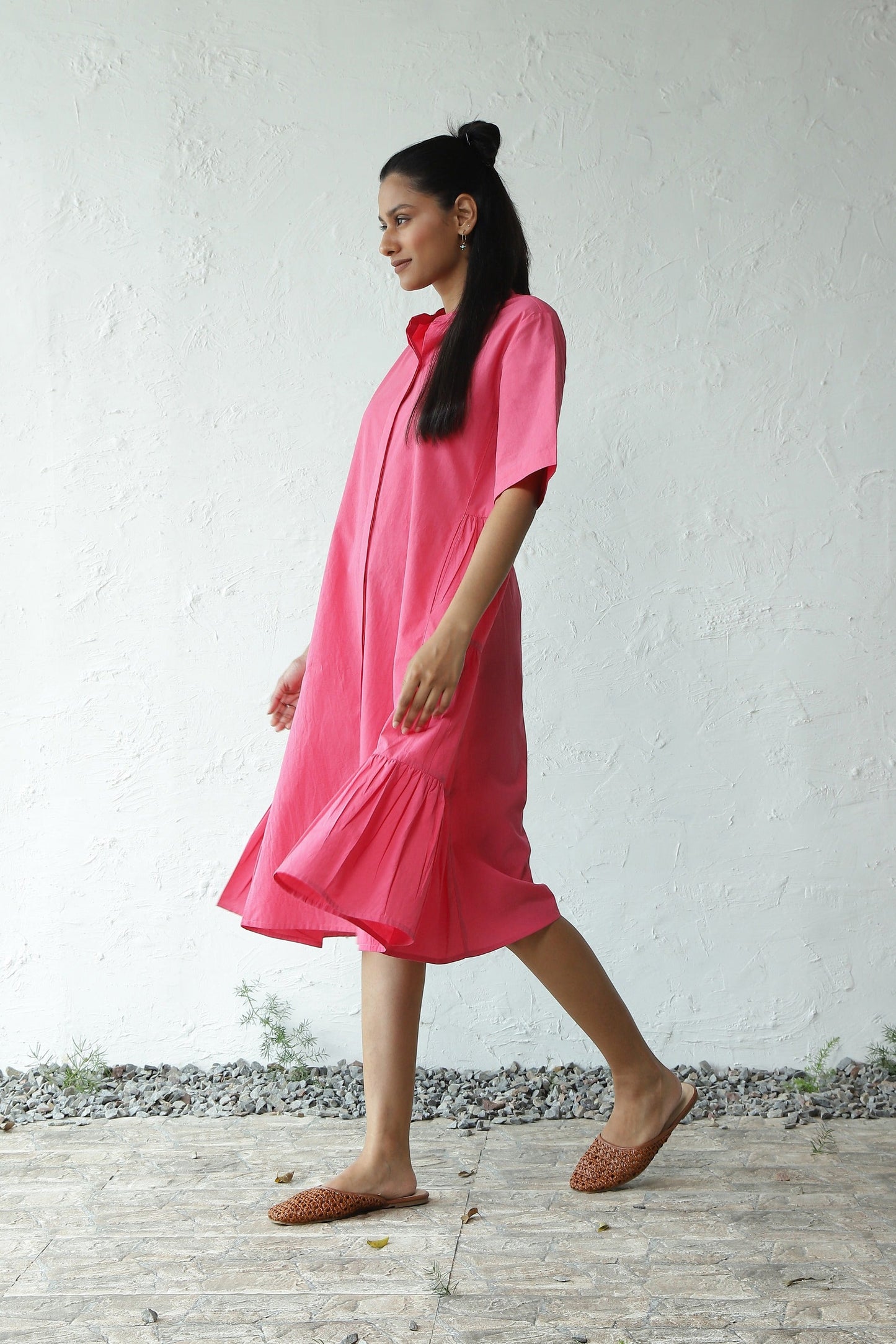 Pink Cotton Poplin Gathered Mini Dress by Canoopi with Canoopi, Casual Wear, Dresses, Natural, Pink, Poplin, Regular Fit, Shirt Dresses, Solids, Womenswear at Kamakhyaa for sustainable fashion