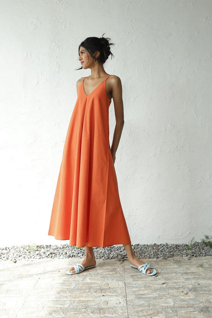 Orange Sleeveless Cotton Maxi Dress by Canoopi with Canoopi, Casual Wear, Dresses, Natural, Orange, Poplin, Regular Fit, Sleeveless Dresses, Solids, Womenswear at Kamakhyaa for sustainable fashion