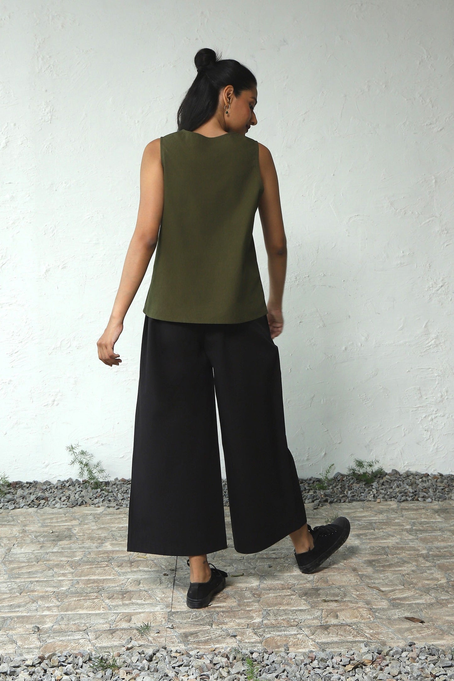 Green Cotton Poplin Sleeveless Top With Black Bottom Co-Ord Set by Canoopi with Black, Canoopi, Casual Wear, Complete Sets, Green, Natural, Poplin, Regular Fit, Solids, Vacation Co-ords, Womenswear at Kamakhyaa for sustainable fashion