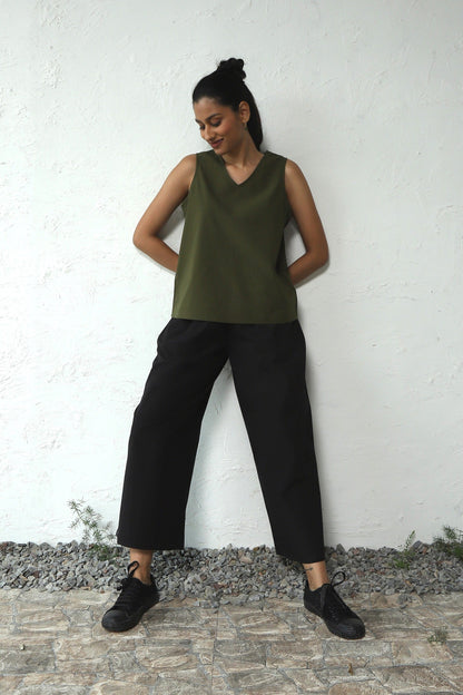 Green Cotton Poplin Sleeveless Top With Black Bottom Co-Ord Set by Canoopi with Black, Canoopi, Casual Wear, Complete Sets, Green, Natural, Poplin, Regular Fit, Solids, Vacation Co-ords, Womenswear at Kamakhyaa for sustainable fashion