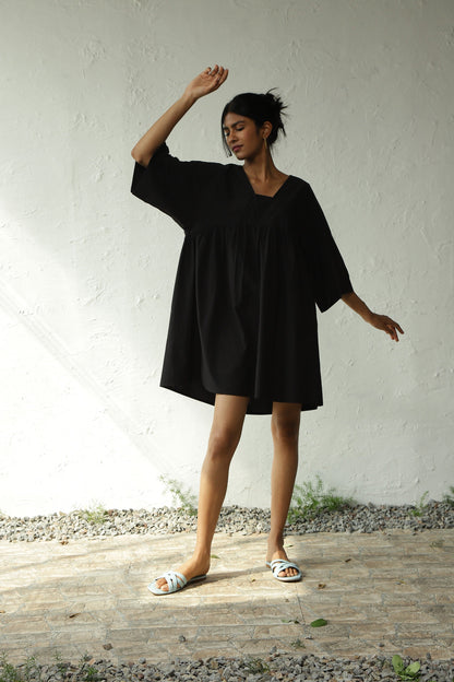 Black Cotton Poplin Oversized Dress by Canoopi with Black, Canoopi, Casual Wear, Dresses, Mini Dresses, Natural, Poplin, Regular Fit, Solids, Womenswear at Kamakhyaa for sustainable fashion