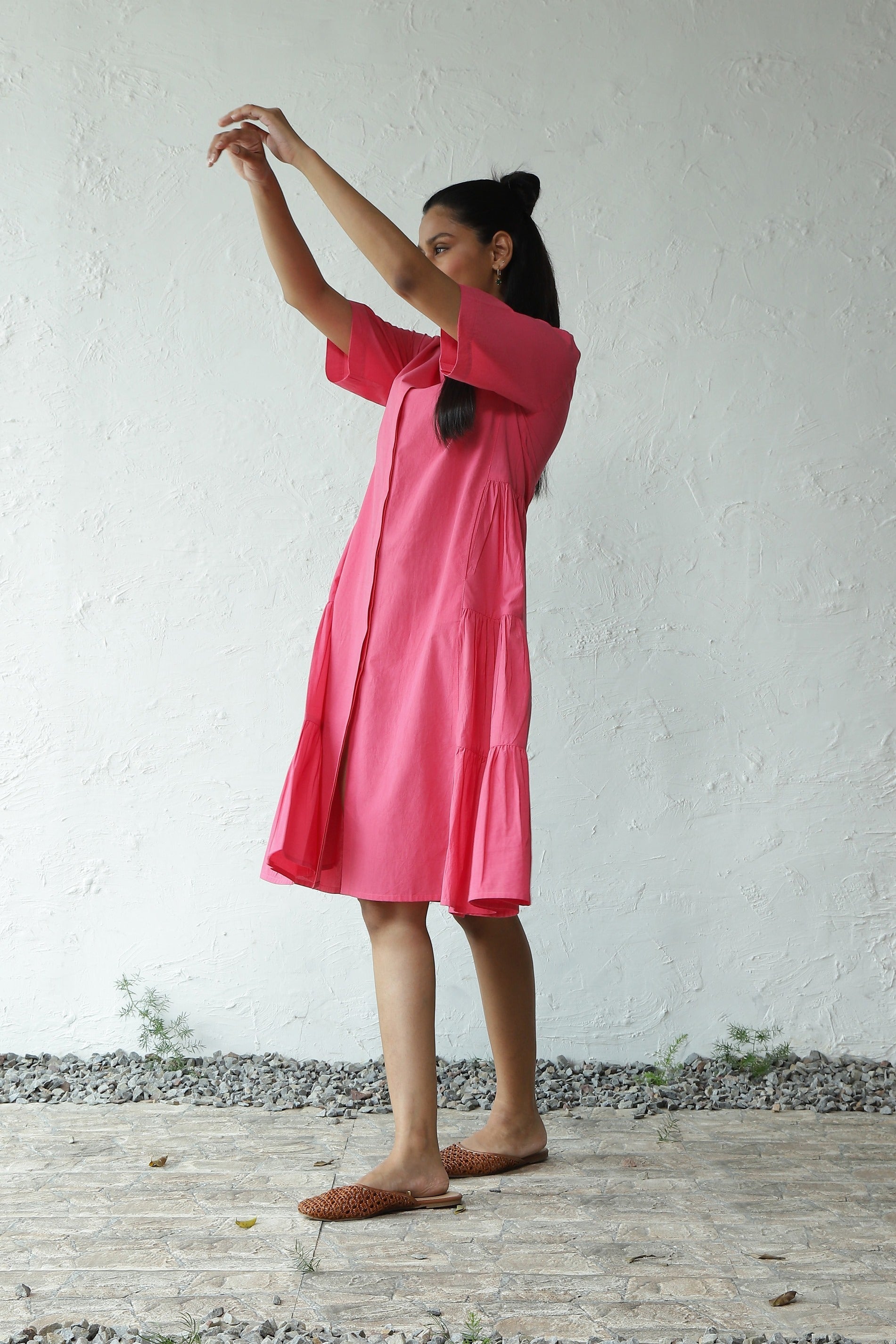 Pink Cotton Poplin Gathered Mini Dress by Canoopi with Canoopi, Casual Wear, Dresses, Natural, Pink, Poplin, Regular Fit, Shirt Dresses, Solids, Womenswear at Kamakhyaa for sustainable fashion