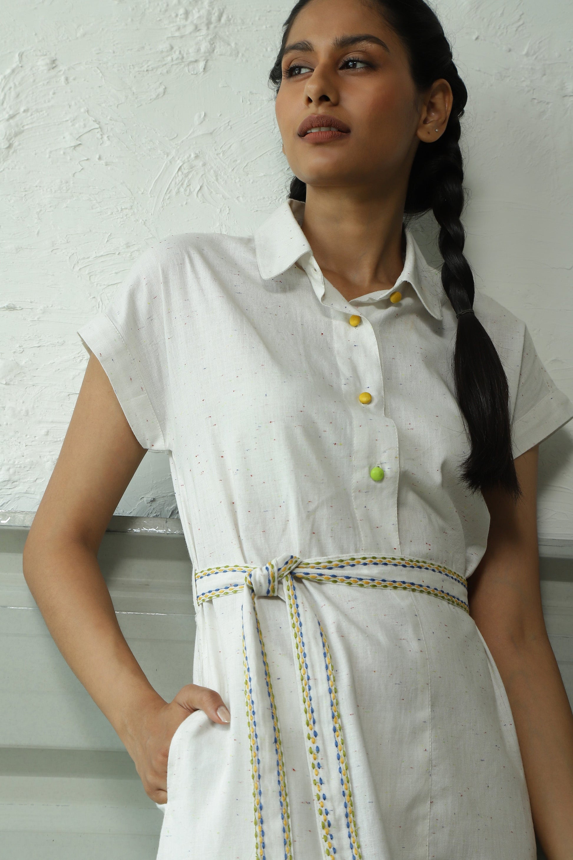 White Khadi Cotton Dress With Belt by Canoopi with Canoopi, Casual Wear, Dresses, Khadi, Natural, Regular Fit, Shirt Dresses, Solids, White, Womenswear at Kamakhyaa for sustainable fashion