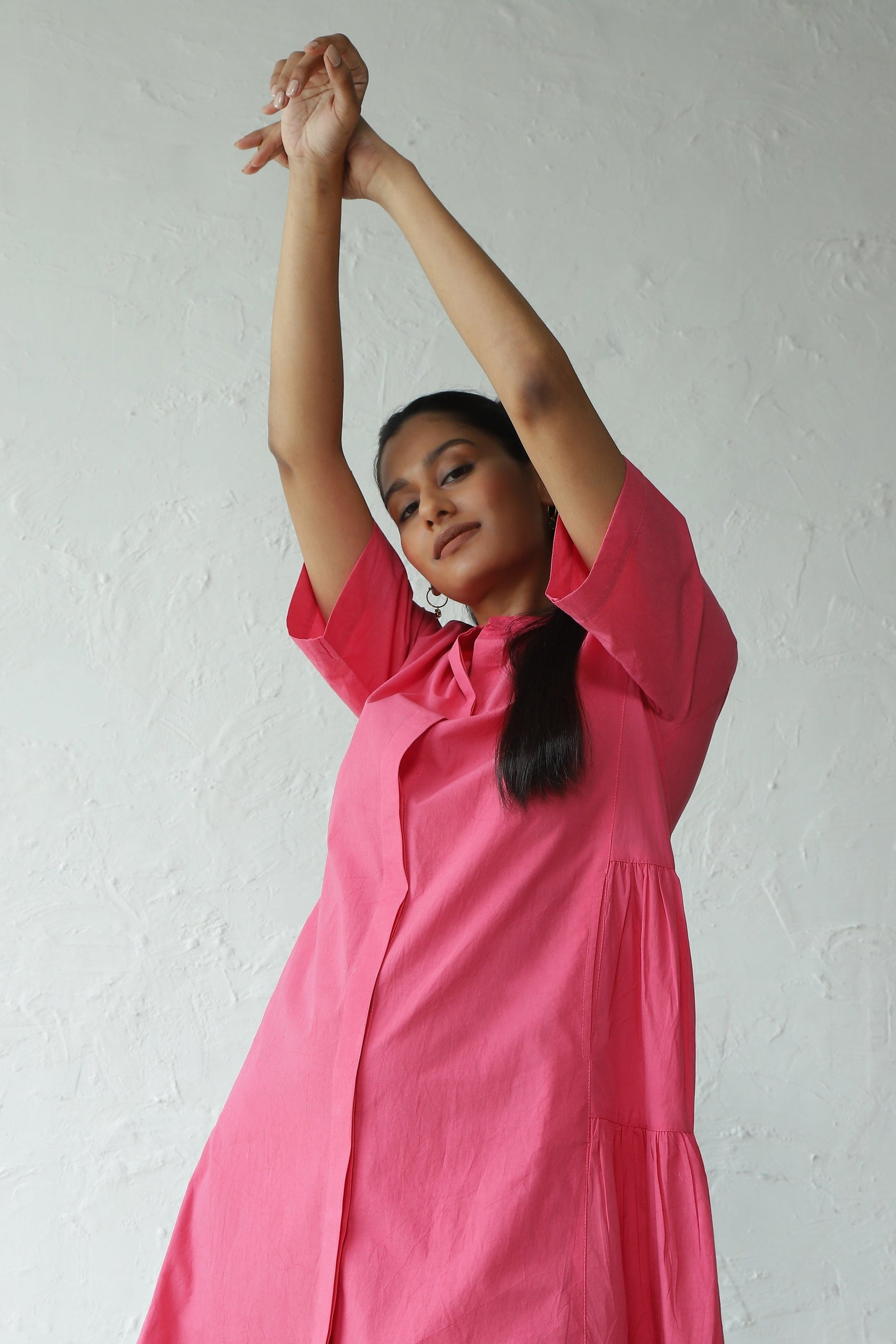 Pink Cotton Poplin Gathered Mini Dress by Canoopi with Canoopi, Casual Wear, Dresses, Natural, Pink, Poplin, Regular Fit, Shirt Dresses, Solids, Womenswear at Kamakhyaa for sustainable fashion