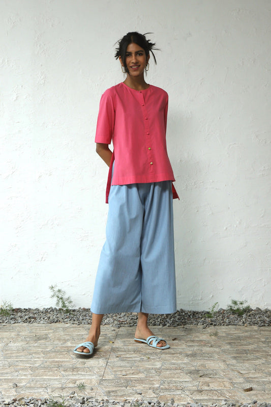 Pink Top With Blue Pant Set by Canoopi with Blue, Canoopi, Casual Wear, Complete Sets, Denim, Natural, Pink, Poplin, Regular Fit, Solids, Vacation Co-ords, Womenswear at Kamakhyaa for sustainable fashion
