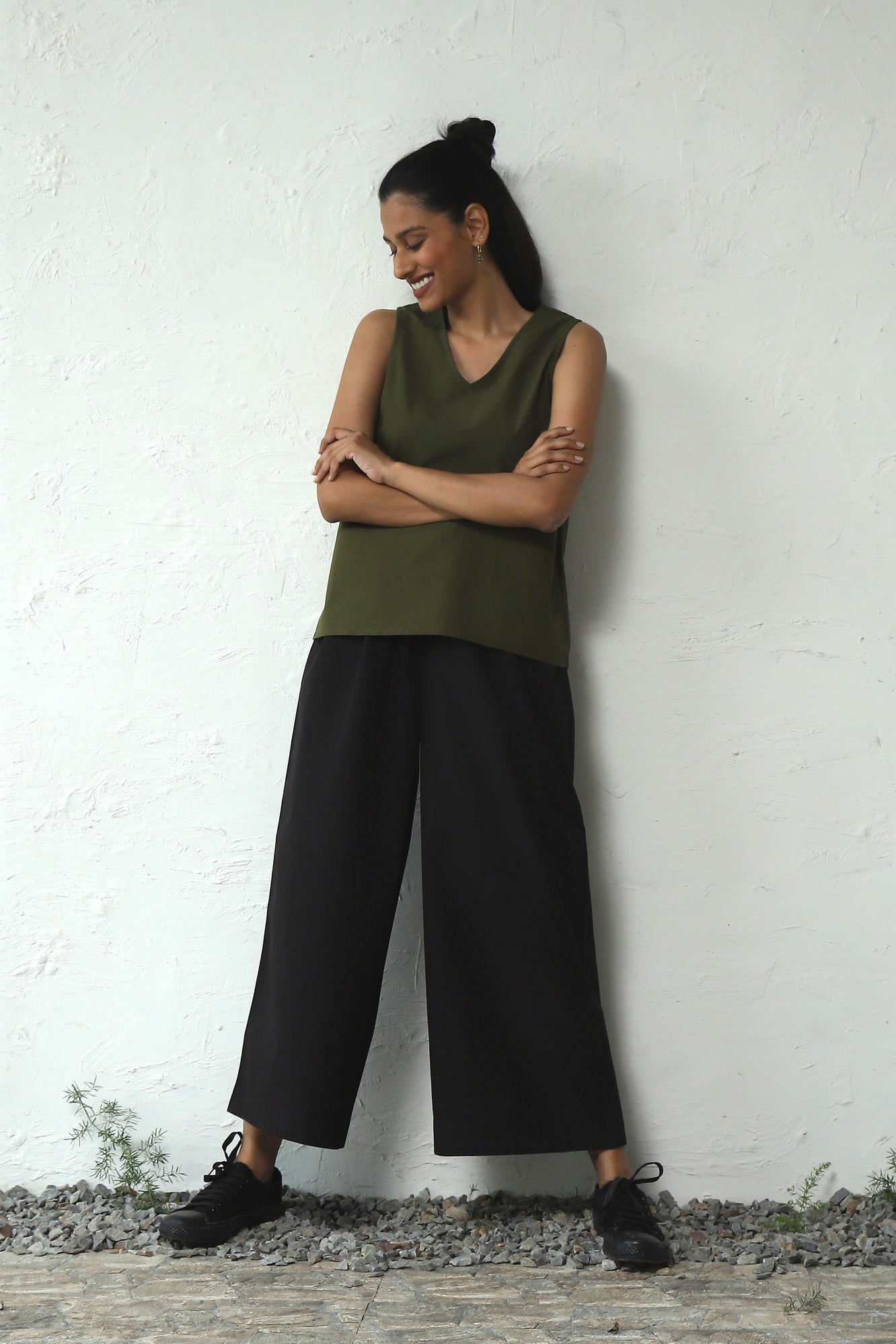 Green Cotton Poplin Sleeveless Top With Black Bottom Co-Ord Set by Canoopi with Black, Canoopi, Casual Wear, Complete Sets, Green, Natural, Poplin, Regular Fit, Solids, Vacation Co-ords, Womenswear at Kamakhyaa for sustainable fashion