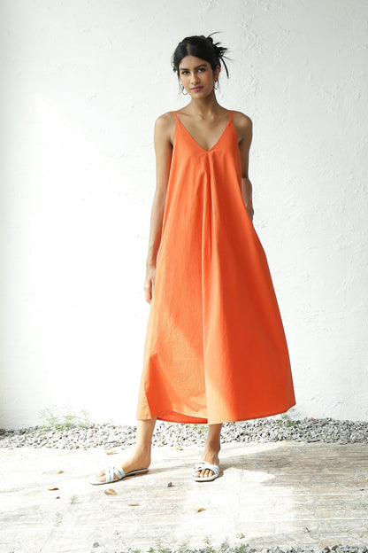 Orange Sleeveless Cotton Maxi Dress by Canoopi with Canoopi, Casual Wear, Dresses, Natural, Orange, Poplin, Regular Fit, Sleeveless Dresses, Solids, Womenswear at Kamakhyaa for sustainable fashion