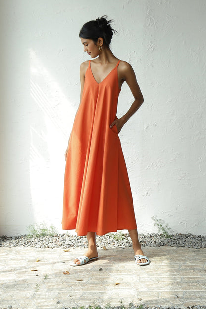 Orange Sleeveless Cotton Maxi Dress by Canoopi with Canoopi, Casual Wear, Dresses, Natural, Orange, Poplin, Regular Fit, Sleeveless Dresses, Solids, Womenswear at Kamakhyaa for sustainable fashion