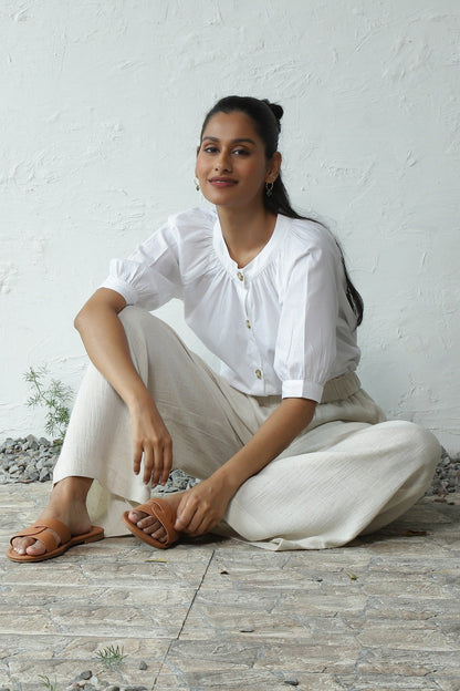 White Gathered Top Pant Cotton Co-Ord Set by Canoopi with Blue, Canoopi, Casual Wear, Complete Sets, Natural, Poplin, Rayon, Regular Fit, Solids, Vacation Co-ords, White, Womenswear at Kamakhyaa for sustainable fashion