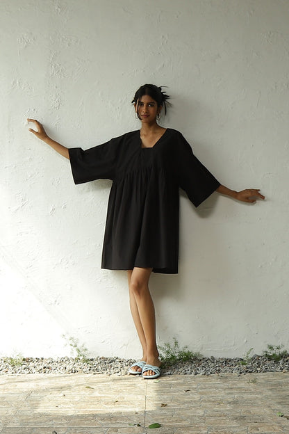 Black Cotton Poplin Oversized Dress by Canoopi with Black, Canoopi, Casual Wear, Dresses, Mini Dresses, Natural, Poplin, Regular Fit, Solids, Womenswear at Kamakhyaa for sustainable fashion