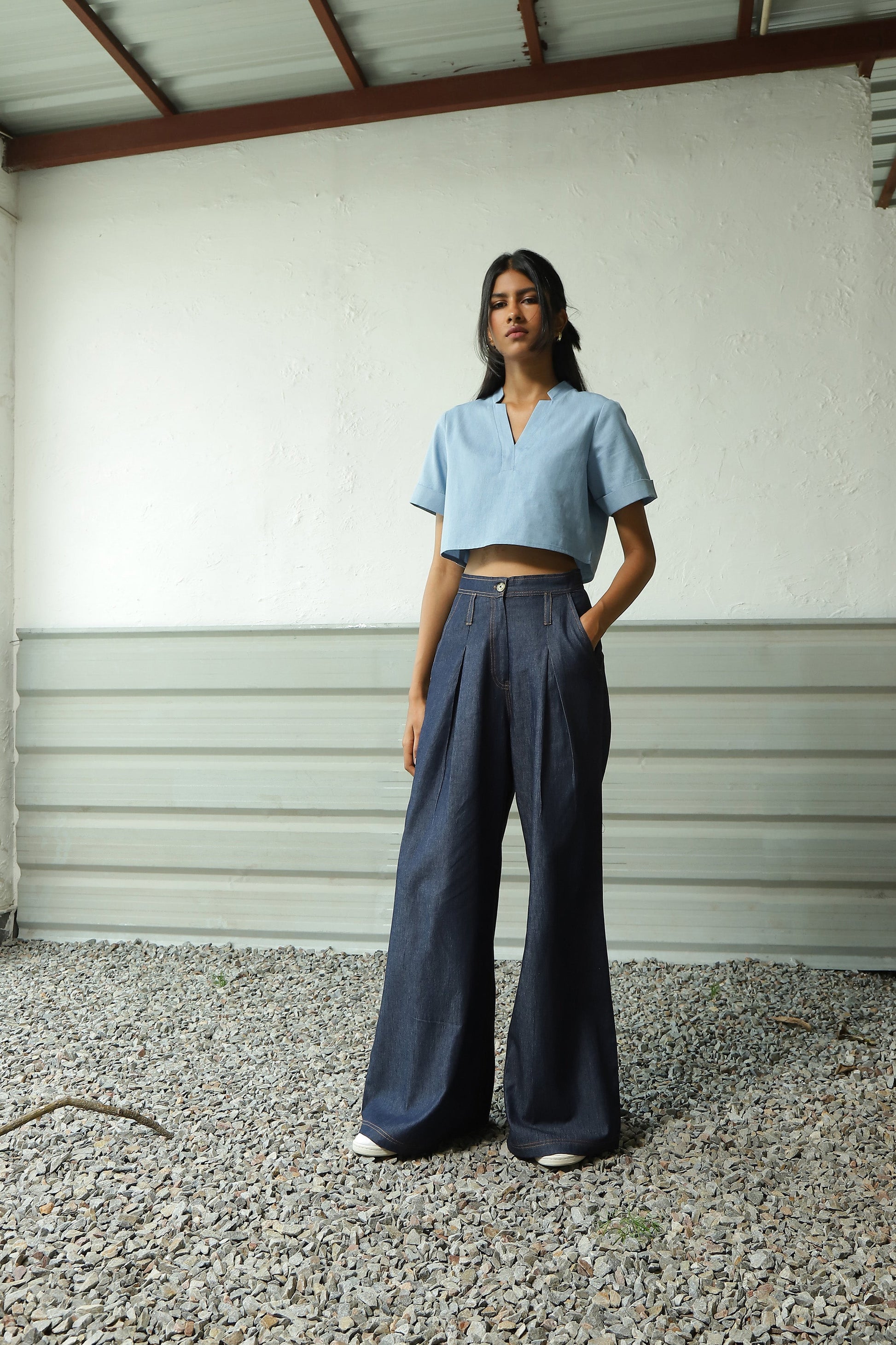 Blue Denim Crop Top With Flared Pant Set by Canoopi with Blue, Canoopi, Casual Wear, Complete Sets, Cotton, Denim, Natural, Regular Fit, Solids, Vacation Co-ords, Womenswear at Kamakhyaa for sustainable fashion