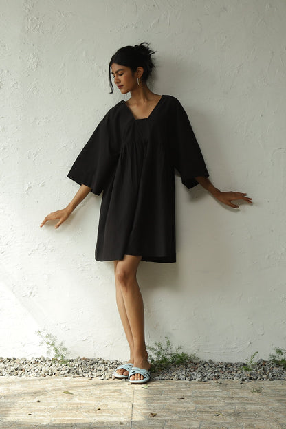 Black Cotton Poplin Oversized Dress by Canoopi with Black, Canoopi, Casual Wear, Dresses, Mini Dresses, Natural, Poplin, Regular Fit, Solids, Womenswear at Kamakhyaa for sustainable fashion