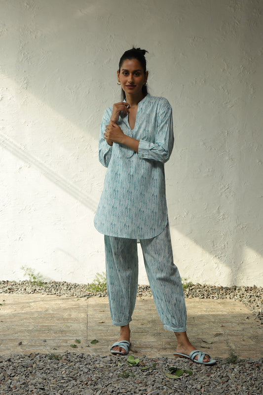 Blue Printed Cotton Short Kurta Set by Canoopi with Block Prints, Blue, Canoopi, Casual Wear, Complete Sets, Cotton, Loungewear Co-Ords, Natural, Prints, Regular Fit, Womenswear at Kamakhyaa for sustainable fashion
