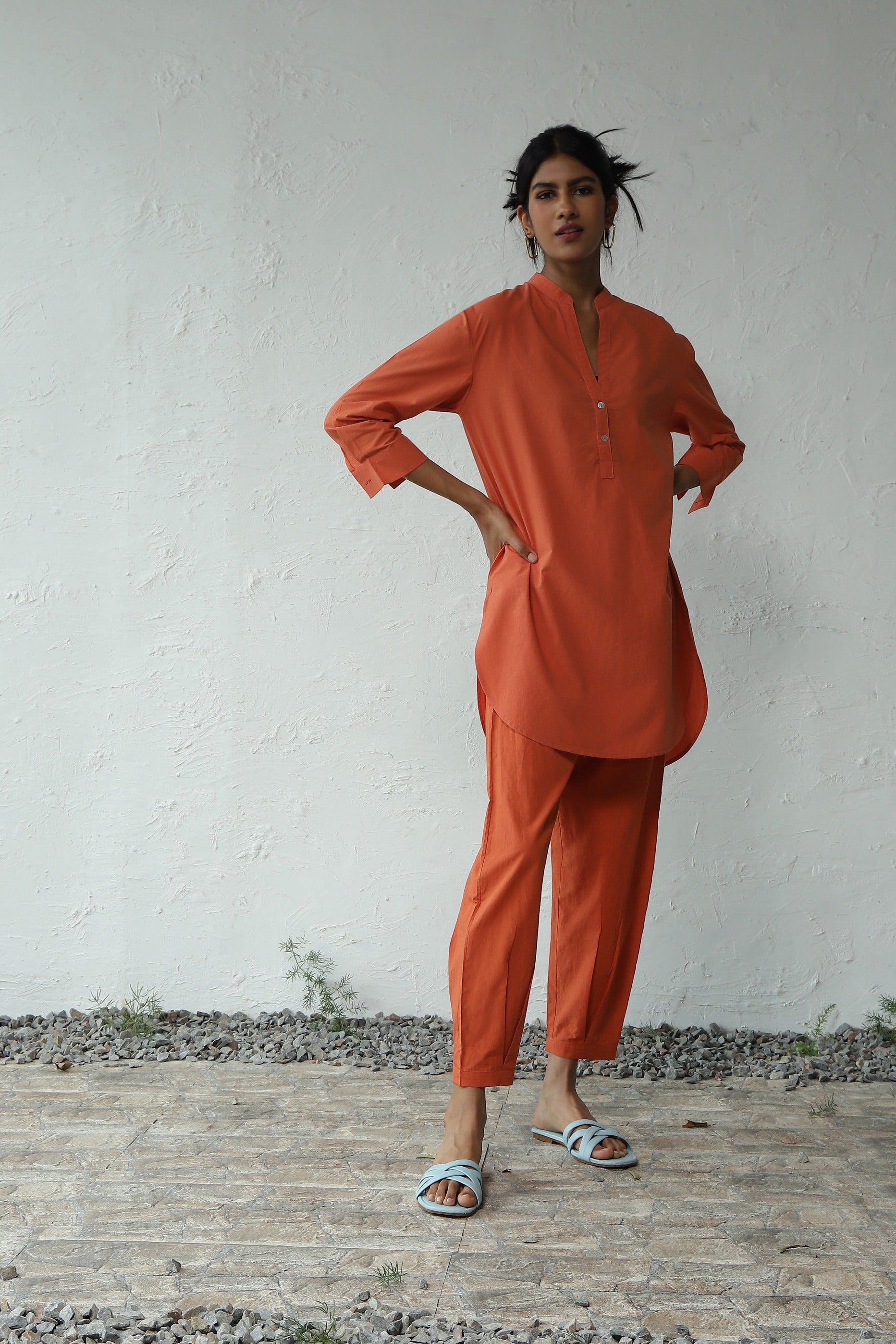 Orange Cotton Poplin Co-ord set by Canoopi with Canoopi, Casual Wear, Complete Sets, Loungewear Co-Ords, Natural, Orange, Poplin, Regular Fit, Solids, Womenswear at Kamakhyaa for sustainable fashion