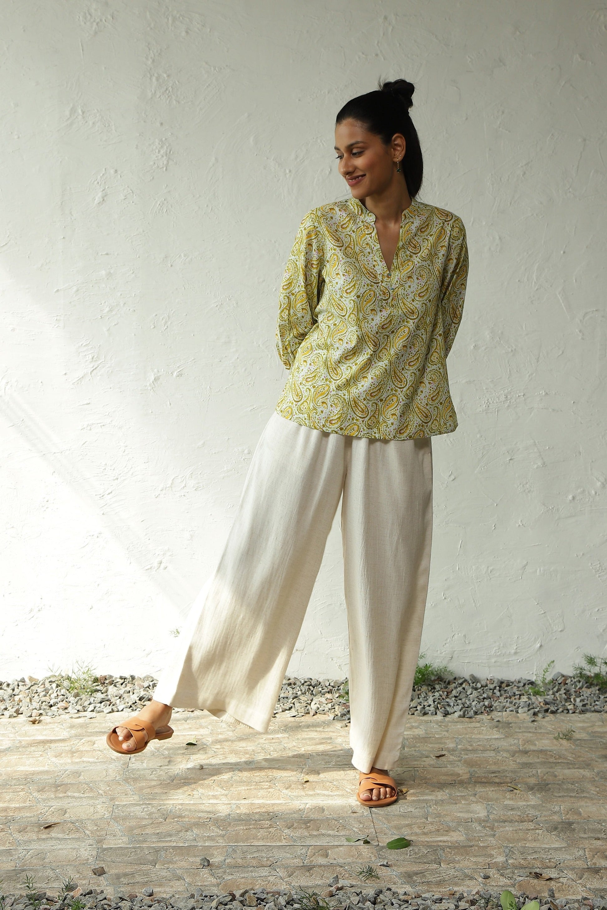 Green V Neck Shirt With White Pant Set by Canoopi with Block Prints, Canoopi, Casual Wear, Complete Sets, Cotton, Green, Natural, Prints, Rayon, Regular Fit, Vacation Co-ords, White, Womenswear at Kamakhyaa for sustainable fashion