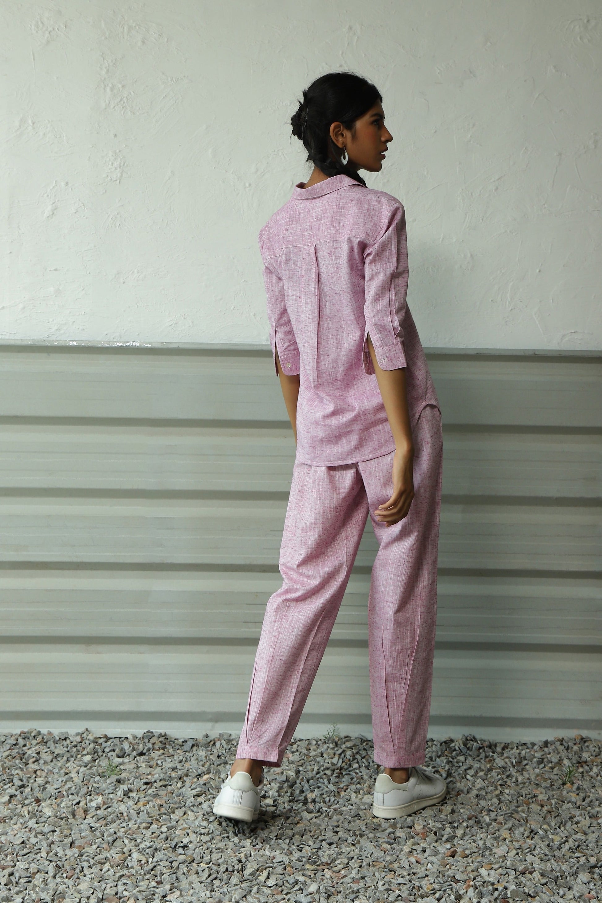 Pink Khadi Cotton Shirt Pant Co-Ord Set by Canoopi with Canoopi, Casual Wear, Complete Sets, Khadi, Natural, Pink, Regular Fit, Solids, Vacation Co-ords, Womenswear at Kamakhyaa for sustainable fashion