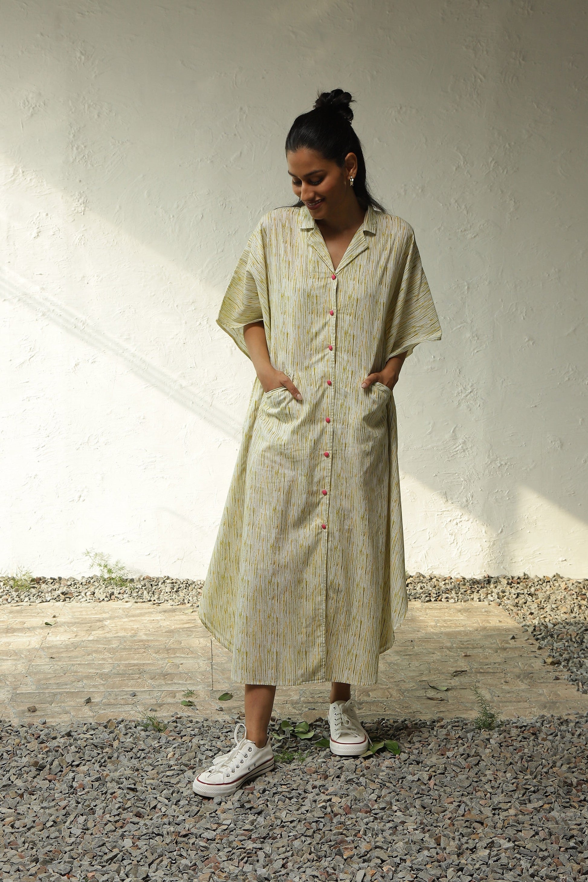 Green Printed Cotton Long Shirt Dress by Canoopi with Block Prints, Canoopi, Casual Wear, Cotton, Dresses, Green, Natural, Prints, Regular Fit, Shirt Dresses, Womenswear at Kamakhyaa for sustainable fashion