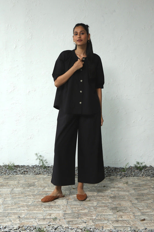 Black Gathered Top Pant Cotton Co-Ord Set by Canoopi with Black, Canoopi, Casual Wear, Complete Sets, Natural, Poplin, Regular Fit, Solids, Vacation Co-ords, Womenswear at Kamakhyaa for sustainable fashion
