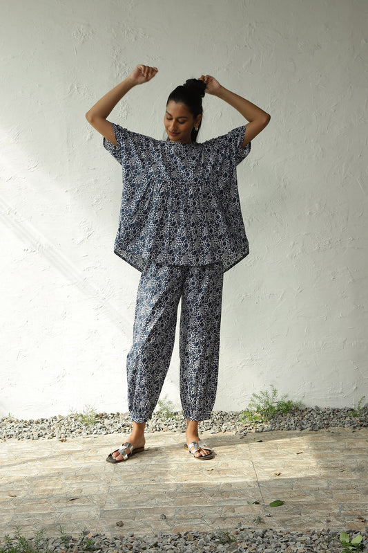 Black Cotton Printed Kaftan Co-Ord Set by Canoopi with Block Prints, Blue, Canoopi, Casual Wear, Complete Sets, Cotton, Natural, Prints, Regular Fit, Vacation Co-ords, White, Womenswear at Kamakhyaa for sustainable fashion