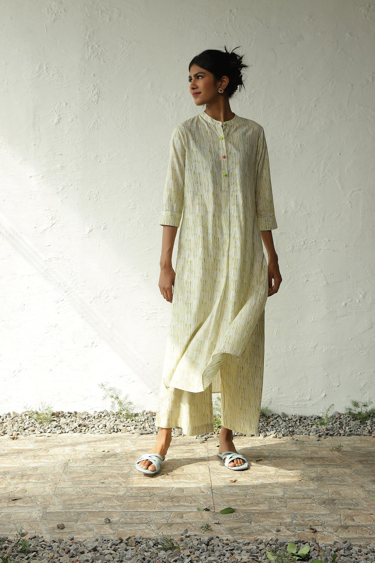 White Cotton Kurta Palazzo Set by Canoopi with Block Prints, Canoopi, Casual Wear, Cotton, Green, Indian Wear, Kurta Pant Sets, Natural, Prints, Regular Fit, Womenswear at Kamakhyaa for sustainable fashion