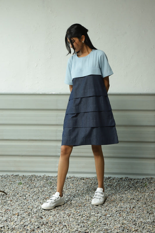Blue Denim Layered Dress by Canoopi with Blue, Canoopi, Casual Wear, Cotton, Denim, Dresses, Natural, Regular Fit, Solids, Tiered Dresses, Womenswear at Kamakhyaa for sustainable fashion