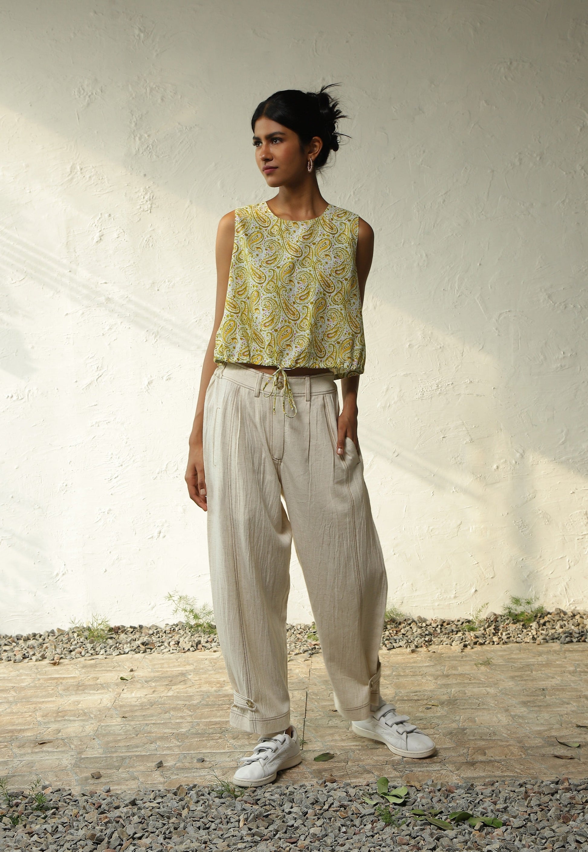 Green Sleeveless Cotton Top With White Rayon Pant Set by Canoopi with Block Prints, Canoopi, Casual Wear, Complete Sets, Cotton, Green, Natural, Prints, Rayon, Regular Fit, Vacation Co-ords, White, Womenswear at Kamakhyaa for sustainable fashion