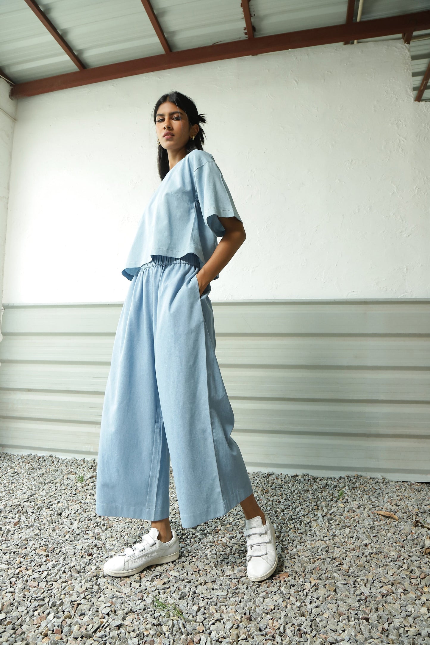 Blue Denim Drop Shoulder Co-ord Set by Canoopi with Blue, Canoopi, Casual Wear, Complete Sets, Cotton, Denim, Natural, Regular Fit, Solids, Vacation Co-ords, Womenswear at Kamakhyaa for sustainable fashion