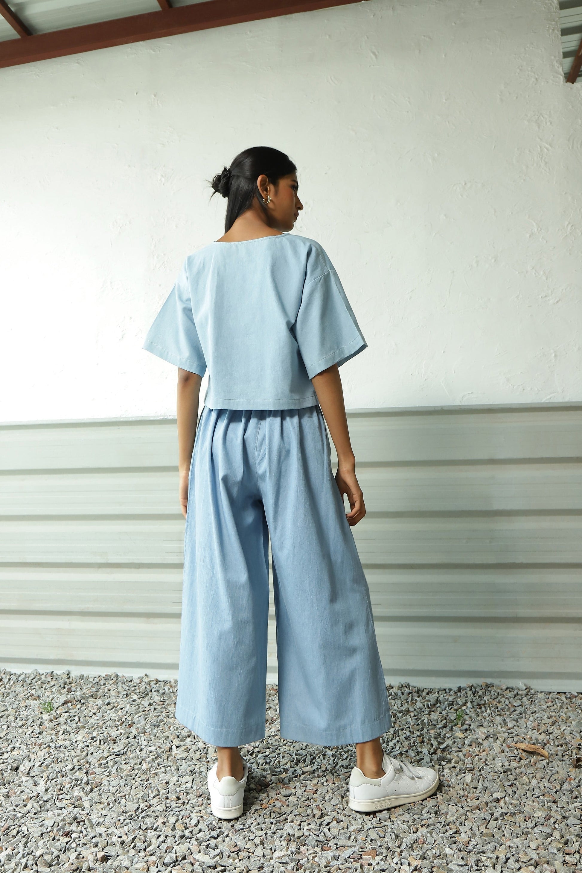 Blue Denim Drop Shoulder Co-ord Set by Canoopi with Blue, Canoopi, Casual Wear, Complete Sets, Cotton, Denim, Natural, Regular Fit, Solids, Vacation Co-ords, Womenswear at Kamakhyaa for sustainable fashion