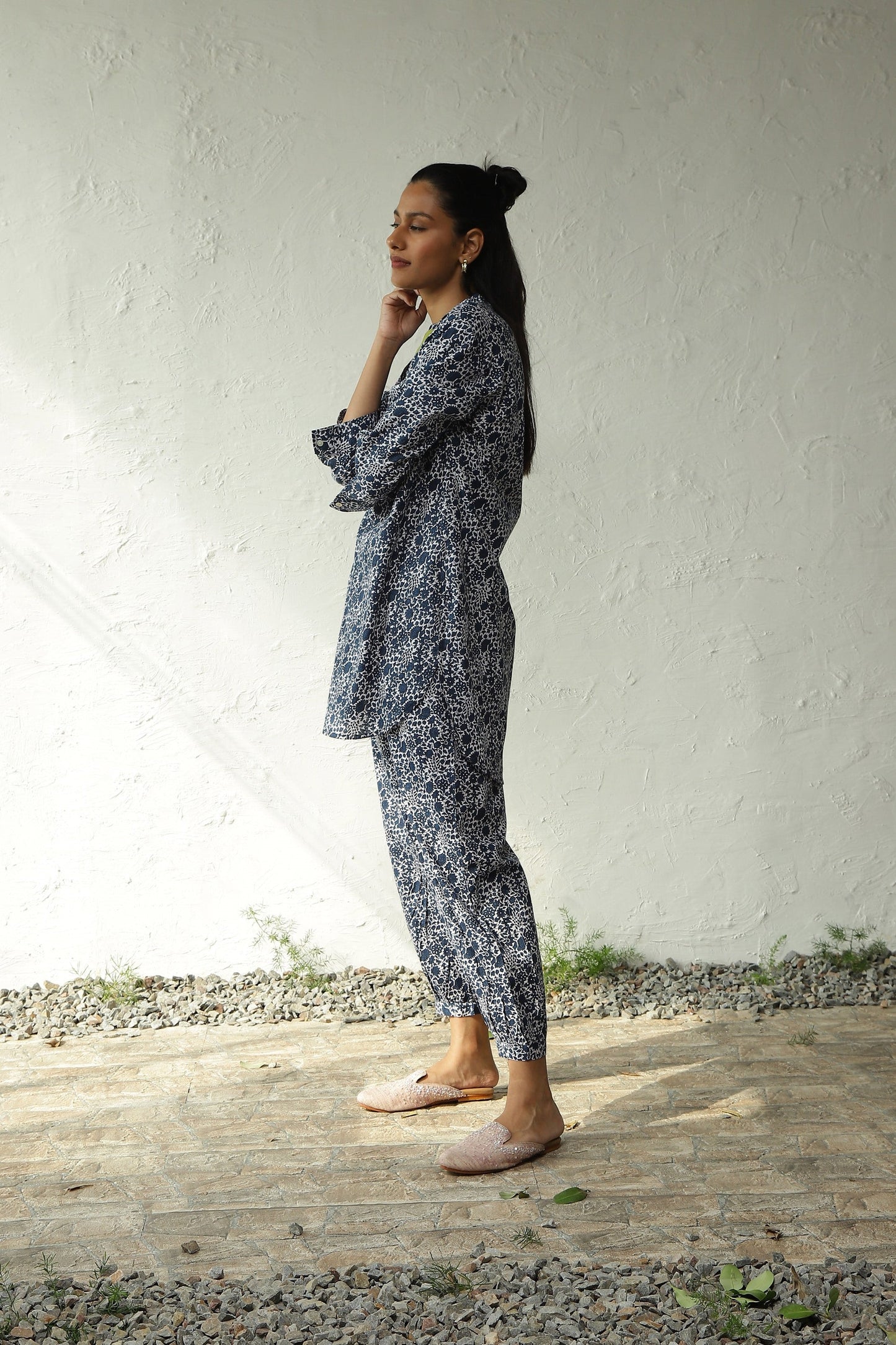 Blue And White Block Printed Cotton Co-Ord Set by Canoopi with Block Prints, Blue, Canoopi, Casual Wear, Complete Sets, Cotton, Loungewear Co-Ords, Natural, Prints, Regular Fit, White, Womenswear at Kamakhyaa for sustainable fashion