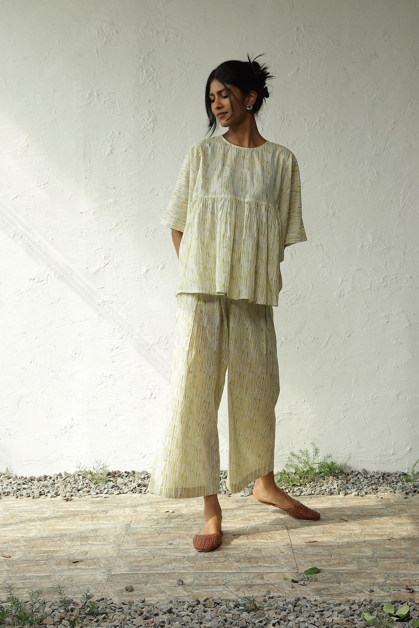 Green Cotton Kaftan Top With Pant Set by Canoopi with Block Prints, Canoopi, Casual Wear, Complete Sets, Cotton, Green, Natural, Prints, Regular Fit, Vacation Co-ords, Womenswear at Kamakhyaa for sustainable fashion