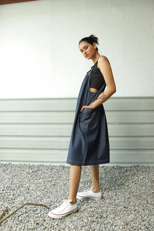Blue Denim Suspender Dress by Canoopi with Blue, Canoopi, Casual Wear, Cotton, Denim, Dresses, Natural, Regular Fit, Sleeveless Dresses, Solids, Womenswear at Kamakhyaa for sustainable fashion