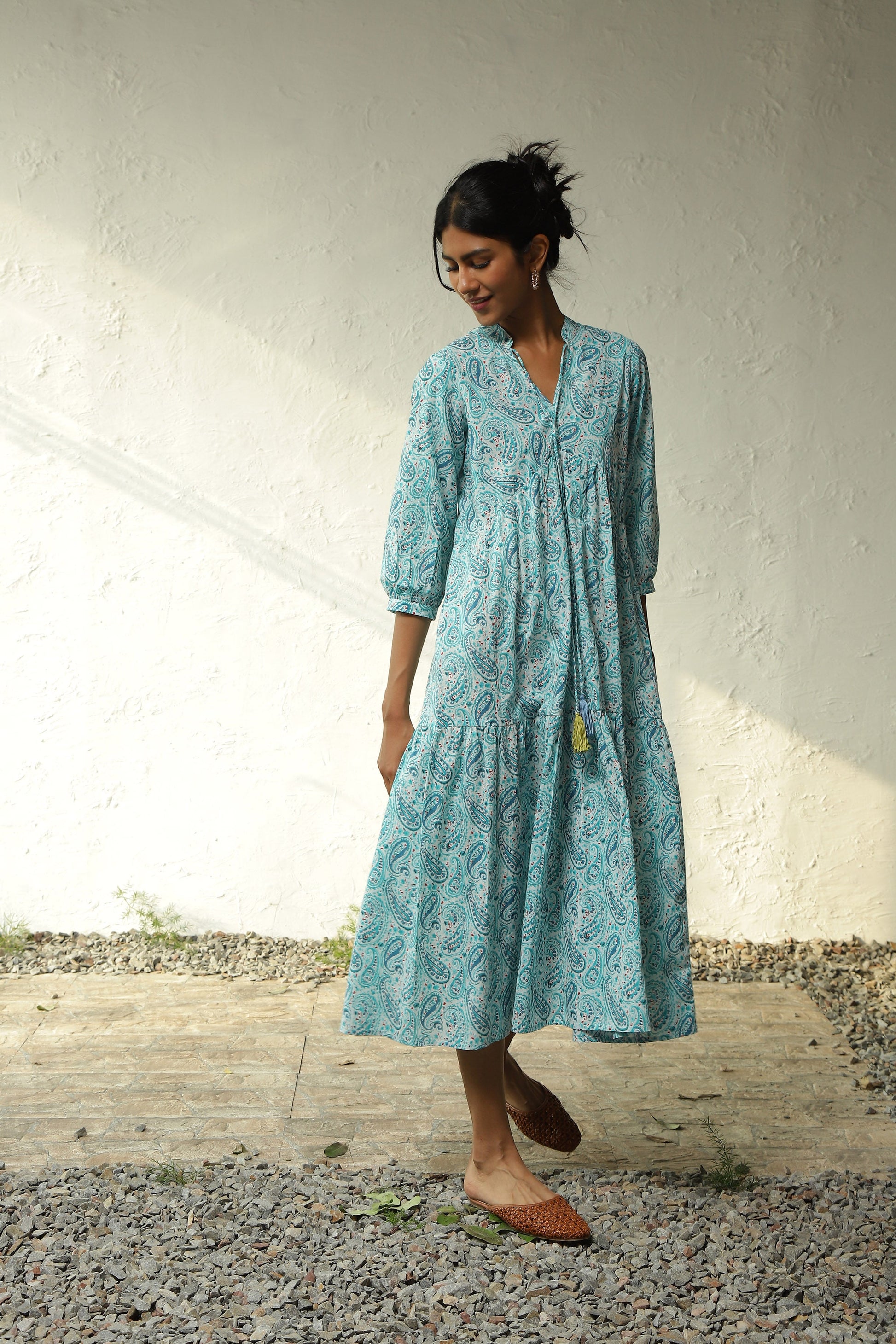 Blue Cotton Tiered Midi Dress by Canoopi with Block Prints, Blue, Canoopi, Casual Wear, Cotton, Dresses, Maxi Dresses, Natural, Prints, Regular Fit, Womenswear at Kamakhyaa for sustainable fashion