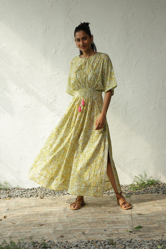 Green Cotton Long Smocked Dress by Canoopi with Block Prints, Canoopi, Casual Wear, Cotton, Dresses, Green, Maxi Dresses, Natural, Prints, Regular Fit, Womenswear at Kamakhyaa for sustainable fashion
