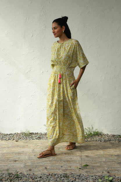 Green Cotton Long Smocked Dress by Canoopi with Block Prints, Canoopi, Casual Wear, Cotton, Dresses, Green, Maxi Dresses, Natural, Prints, Regular Fit, Womenswear at Kamakhyaa for sustainable fashion