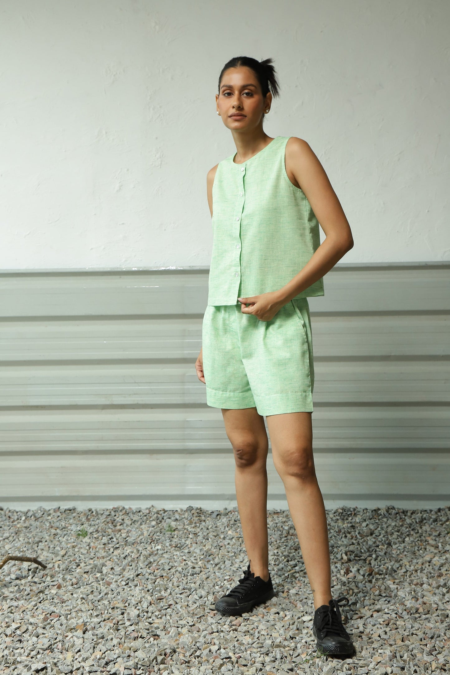 Green Khadi Cotton Top Shorts Co-Ord Set by Canoopi with Canoopi, Casual Wear, Complete Sets, Green, Khadi, Natural, Regular Fit, Solids, Vacation Co-ords, Womenswear at Kamakhyaa for sustainable fashion