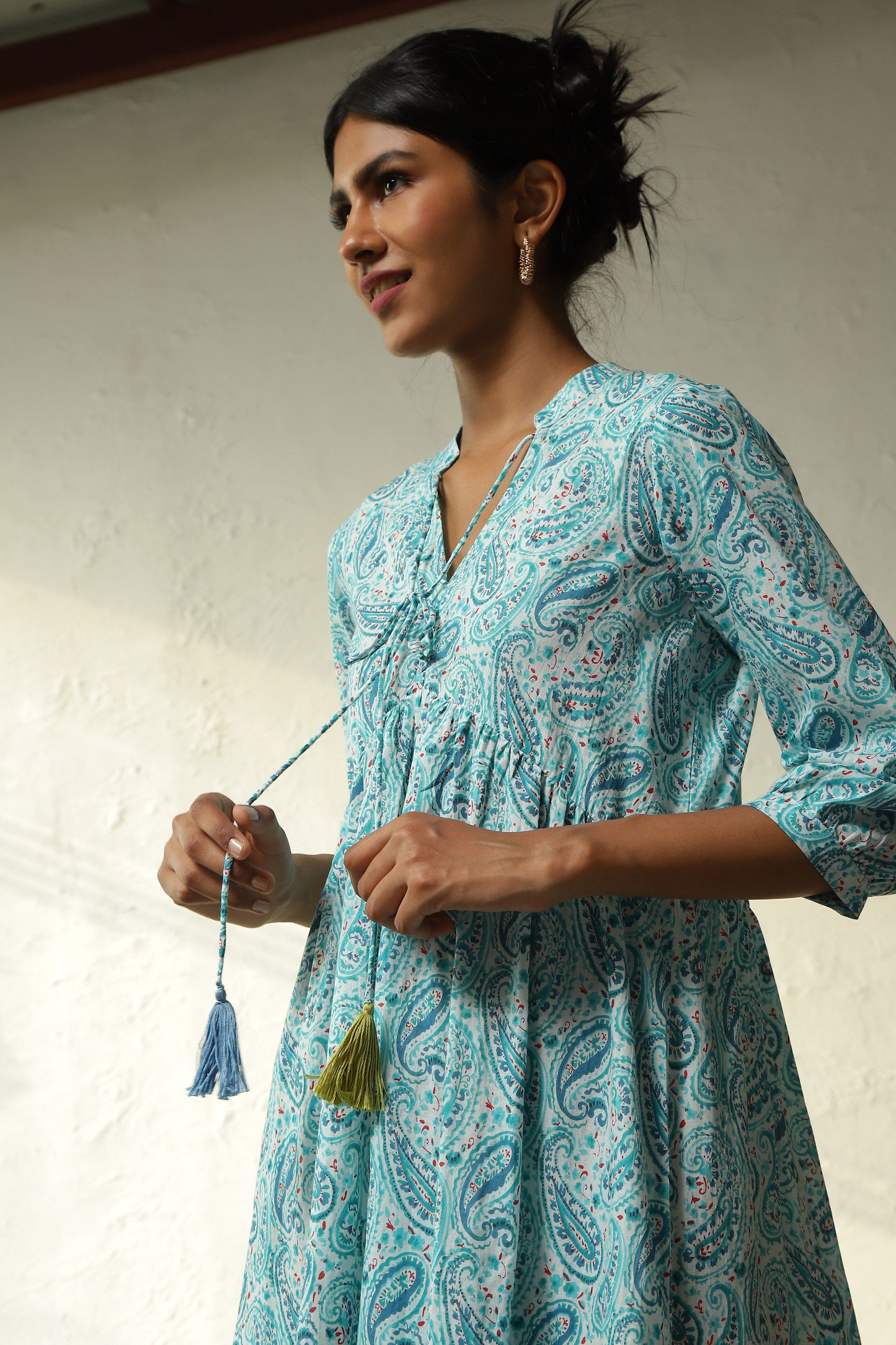 Blue Cotton Tiered Midi Dress by Canoopi with Block Prints, Blue, Canoopi, Casual Wear, Cotton, Dresses, Maxi Dresses, Natural, Prints, Regular Fit, Womenswear at Kamakhyaa for sustainable fashion