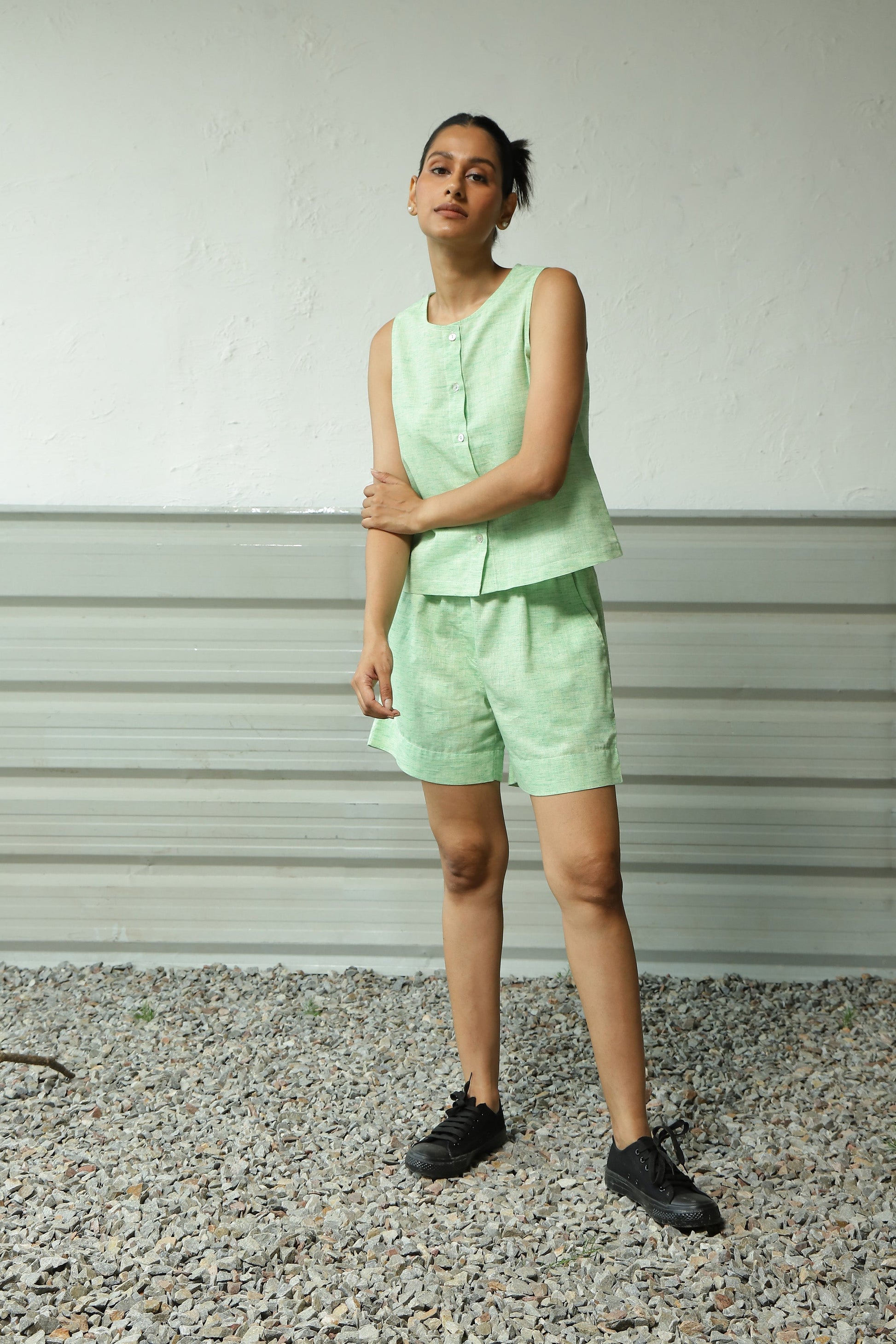 Green Khadi Cotton Top Shorts Co-Ord Set by Canoopi with Canoopi, Casual Wear, Complete Sets, Green, Khadi, Natural, Regular Fit, Solids, Vacation Co-ords, Womenswear at Kamakhyaa for sustainable fashion