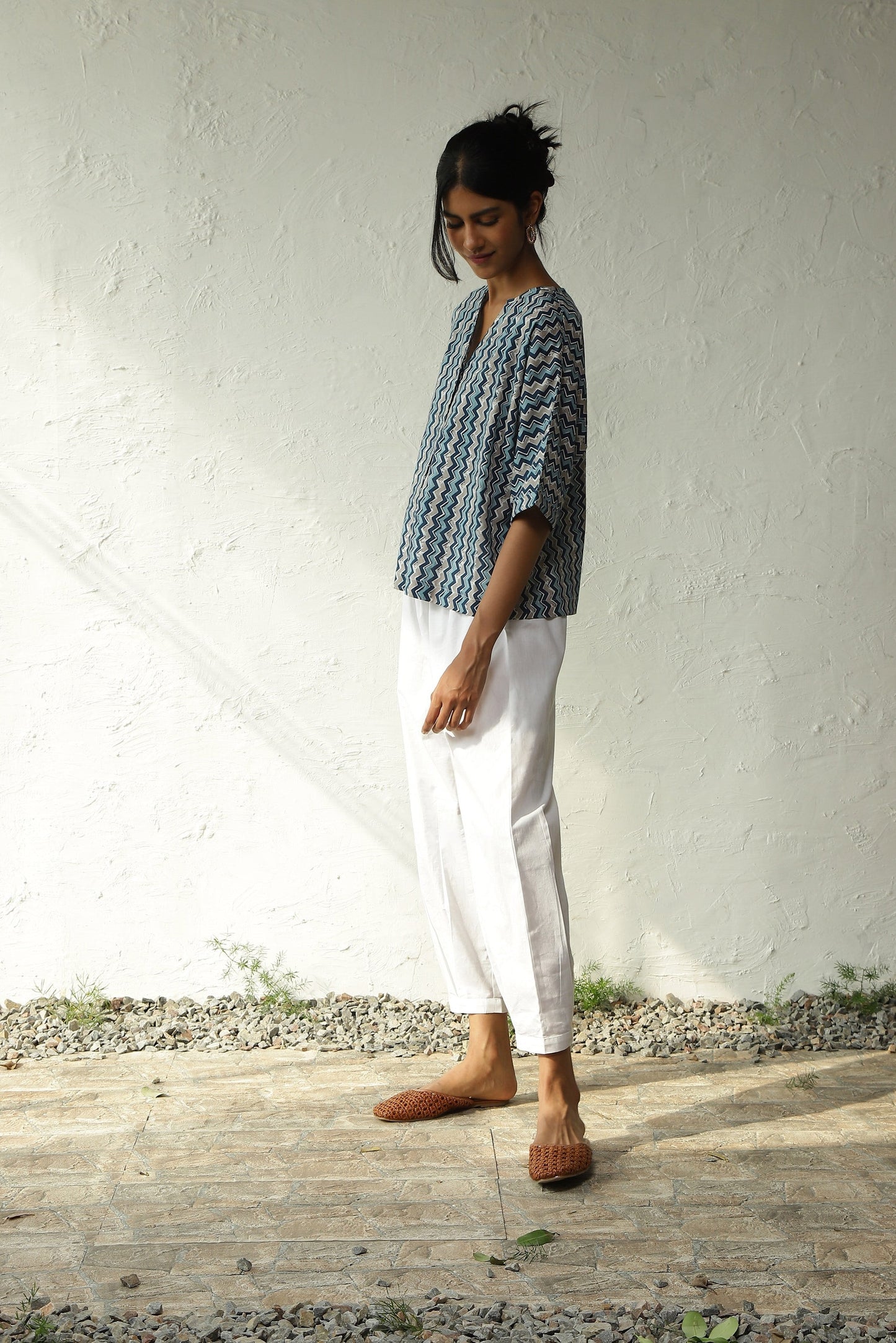 Blue Cotton Printed Top With White Pleated Pant Set by Canoopi with Block Prints, Blue, Canoopi, Casual Wear, Complete Sets, Cotton, Natural, Poplin, Prints, Regular Fit, Vacation Co-ords, White, Womenswear at Kamakhyaa for sustainable fashion