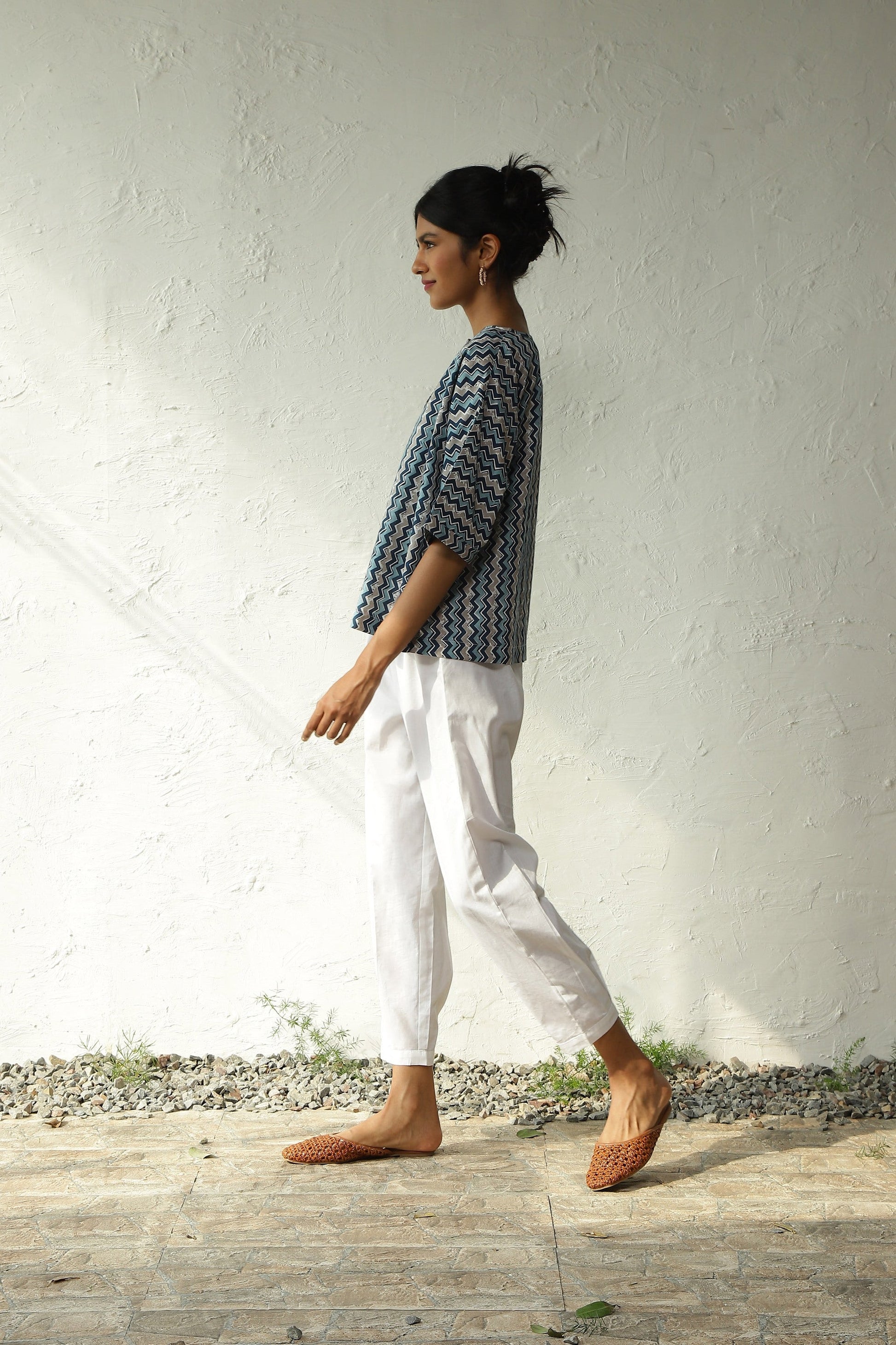 Blue Cotton Printed Top With White Pleated Pant Set by Canoopi with Block Prints, Blue, Canoopi, Casual Wear, Complete Sets, Cotton, Natural, Poplin, Prints, Regular Fit, Vacation Co-ords, White, Womenswear at Kamakhyaa for sustainable fashion