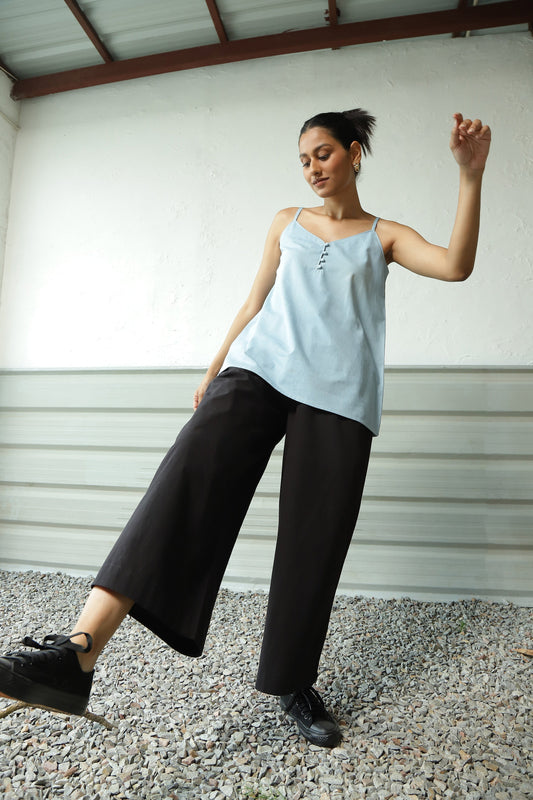 Blue Denim Top Black Flared Pant Set by Canoopi with Black, Blue, Canoopi, Casual Wear, Complete Sets, Denim, Loungewear Co-Ords, Natural, Poplin, Regular Fit, Solids, Womenswear at Kamakhyaa for sustainable fashion