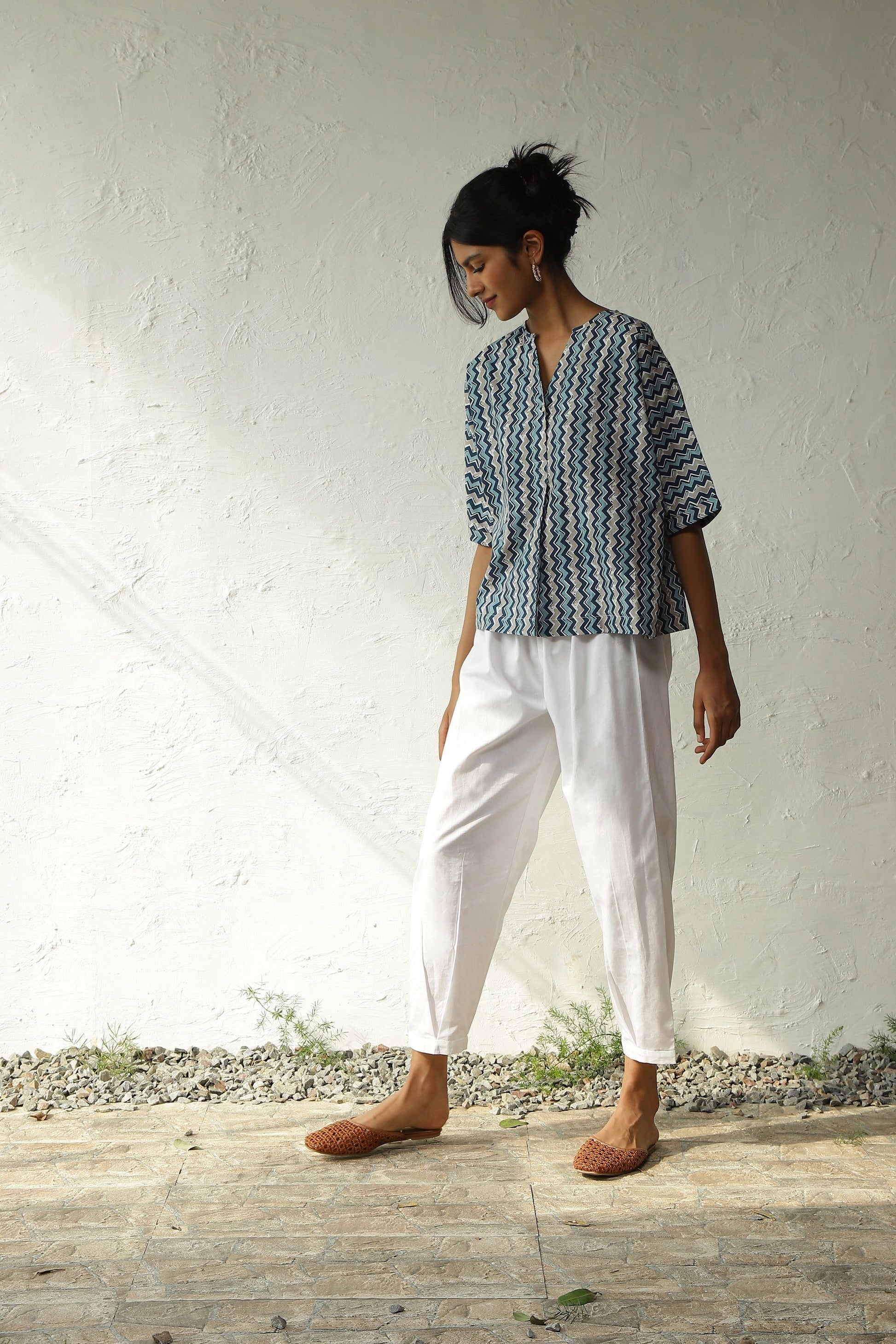 Blue Cotton Printed Top With White Pleated Pant Set by Canoopi with Block Prints, Blue, Canoopi, Casual Wear, Complete Sets, Cotton, Natural, Poplin, Prints, Regular Fit, Vacation Co-ords, White, Womenswear at Kamakhyaa for sustainable fashion