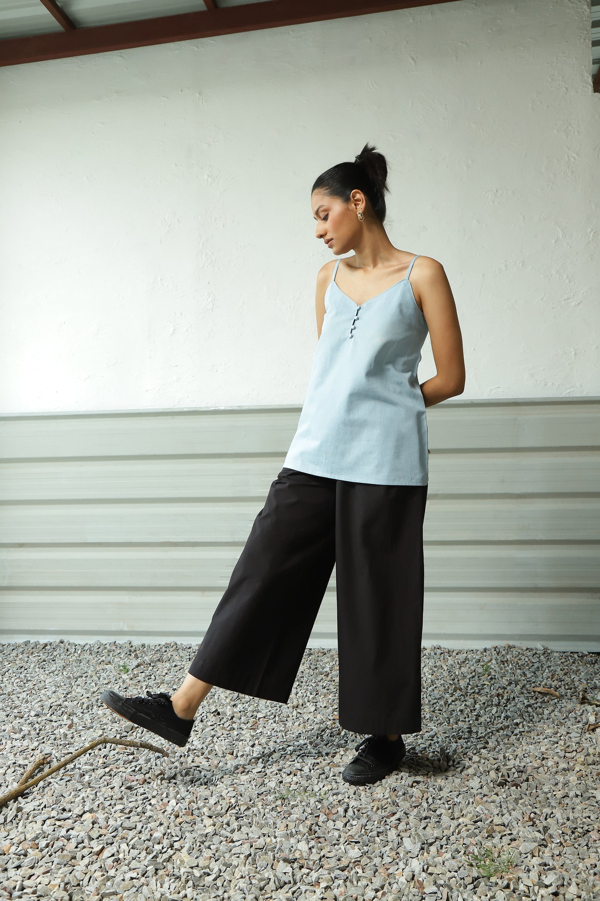 Blue Denim Top Black Flared Pant Set by Canoopi with Black, Blue, Canoopi, Casual Wear, Complete Sets, Denim, Loungewear Co-Ords, Natural, Poplin, Regular Fit, Solids, Womenswear at Kamakhyaa for sustainable fashion