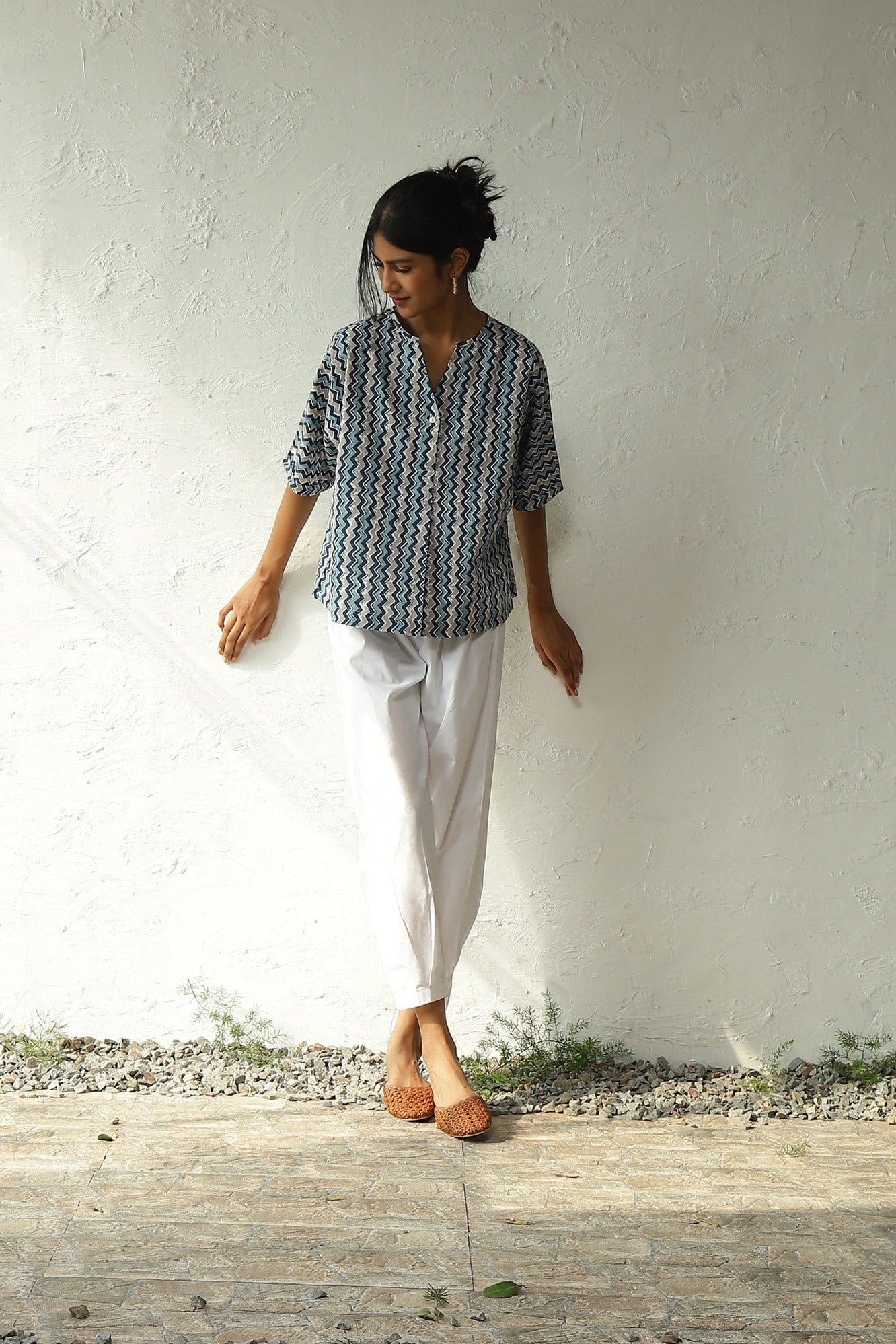 Blue Cotton Printed Top With White Pleated Pant Set by Canoopi with Block Prints, Blue, Canoopi, Casual Wear, Complete Sets, Cotton, Natural, Poplin, Prints, Regular Fit, Vacation Co-ords, White, Womenswear at Kamakhyaa for sustainable fashion