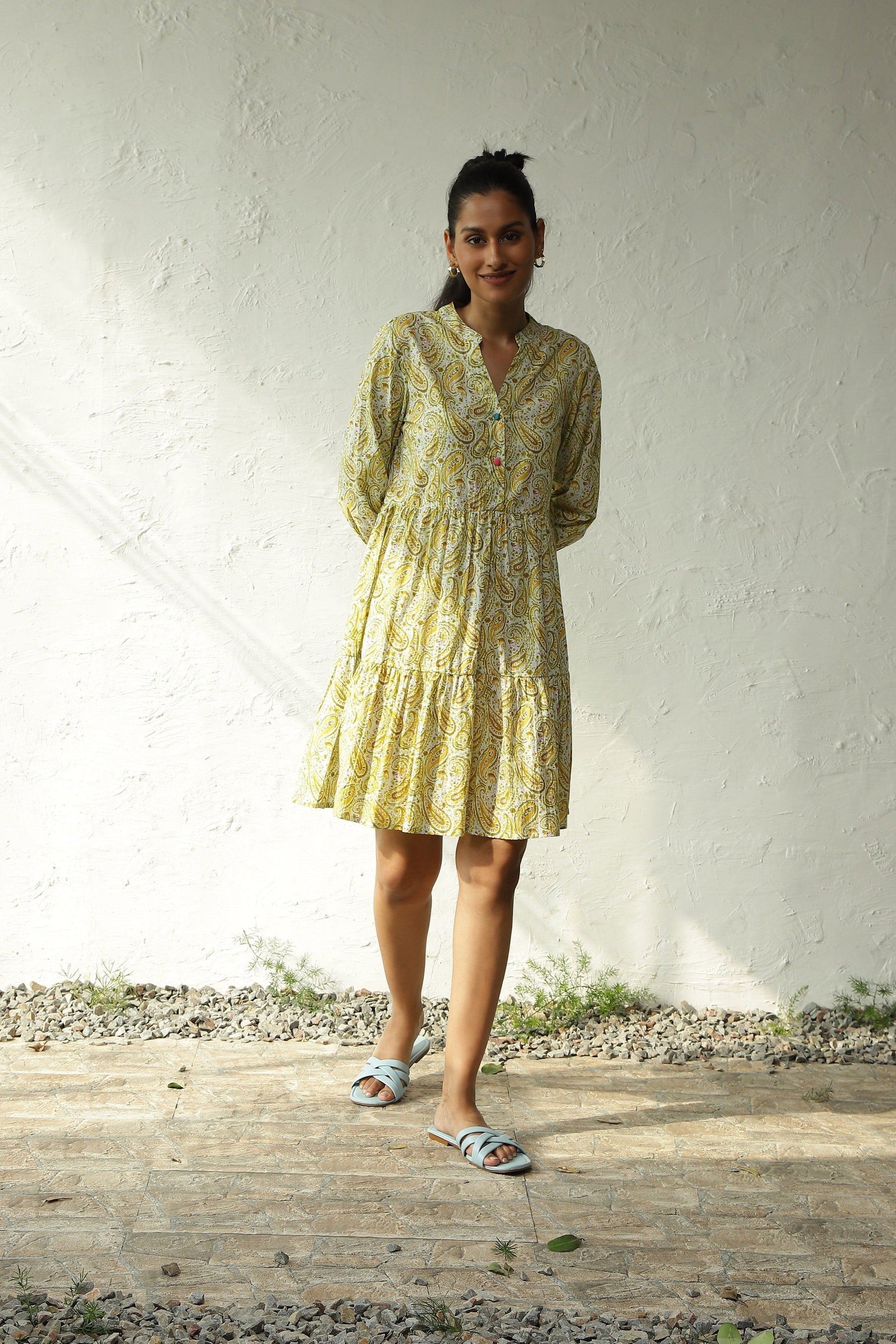 Green Cotton Tiered Midi Dress by Canoopi with Block Prints, Canoopi, Casual Wear, Cotton, Dresses, Green, Natural, Prints, Regular Fit, Tiered Dresses, Womenswear at Kamakhyaa for sustainable fashion